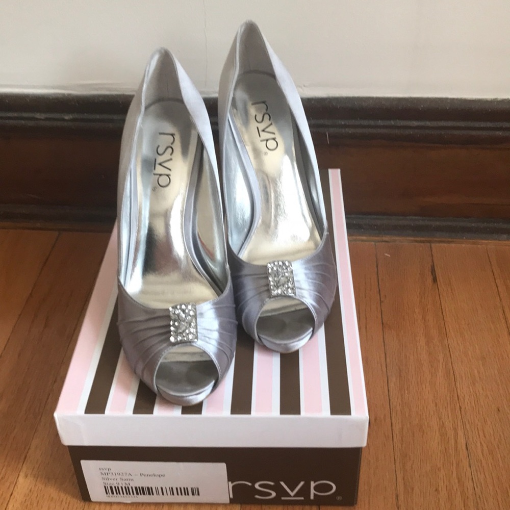 Silver satin pumps